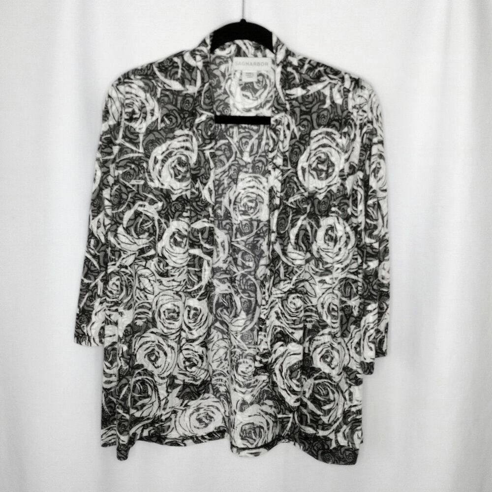 Sag Harbor Open Cardigan Top Lghtwt Flowy Bouse Floral Black White Womens Small